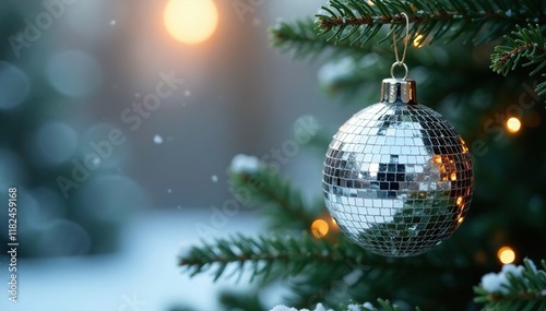 A delicate silver sphere suspended from the branches of a densely decorated evergreen, disco ball, holiday, snowy photo