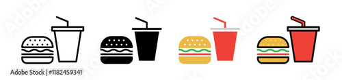 Hamburger and soft drink cup Icons vectors. black solid and liner versions