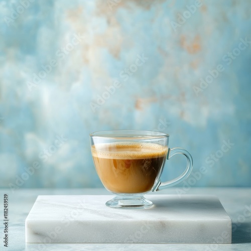 Coffee cuple table with blue wall background, copy space photo