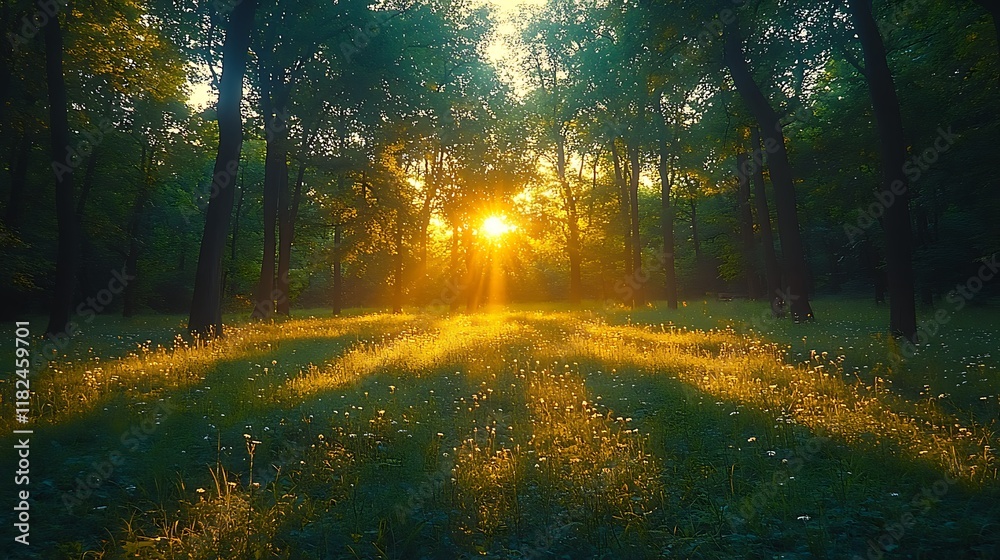 Golden Sunset Rays Illuminate Forest Meadow Golden Sunset Rays Illuminate Forest Meadow