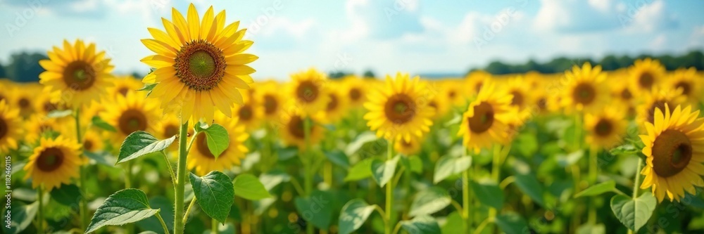 Field of tall sunflowers with yellow petals and dark centers, growth, wheat Field of tall sunflowers with yellow petals and dark centers, growth, wheat