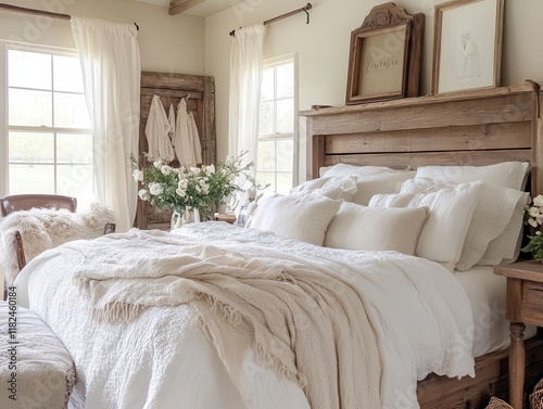 rustic farmhouse master bedroom design with layered white cotton and natural linen bedding, vintage decor, and distressed wood furniture photo