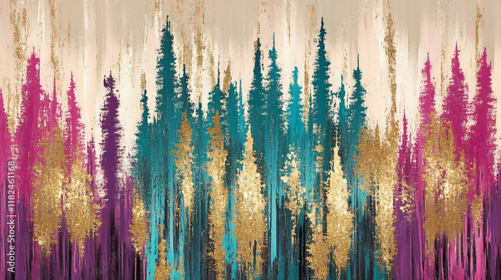 Fototapeta premium Abstract Gold Glitter Forest Painting Teal Pink Purple
