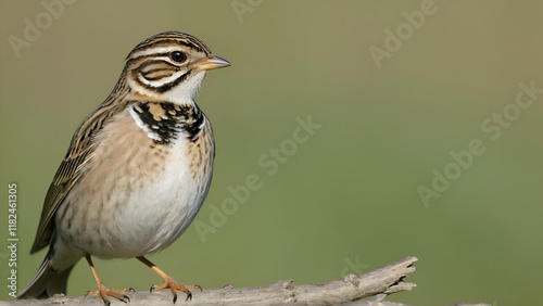 European calandra lark Melanocorypha calandra portrait. Cute songbird starting to fly from branch. photo