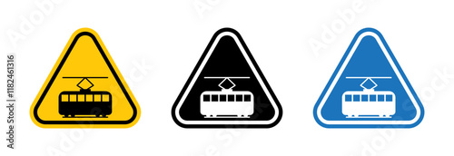 Tramway caution traffic signs vector set for UI designs