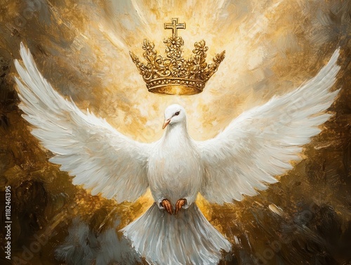 sacred religious art depicting holy trinity symbolism with white dove, golden crown and cross representing divine unity in spiritual context photo