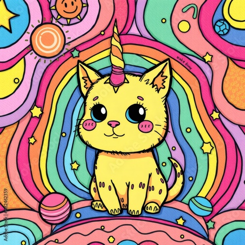 Cute yellow cat with a unicorn horn sitting on a colorful rainbow background.