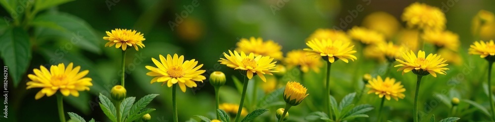 Yellow chrysanthemum flowers in a garden among green shrubs, nature, yellow flowers