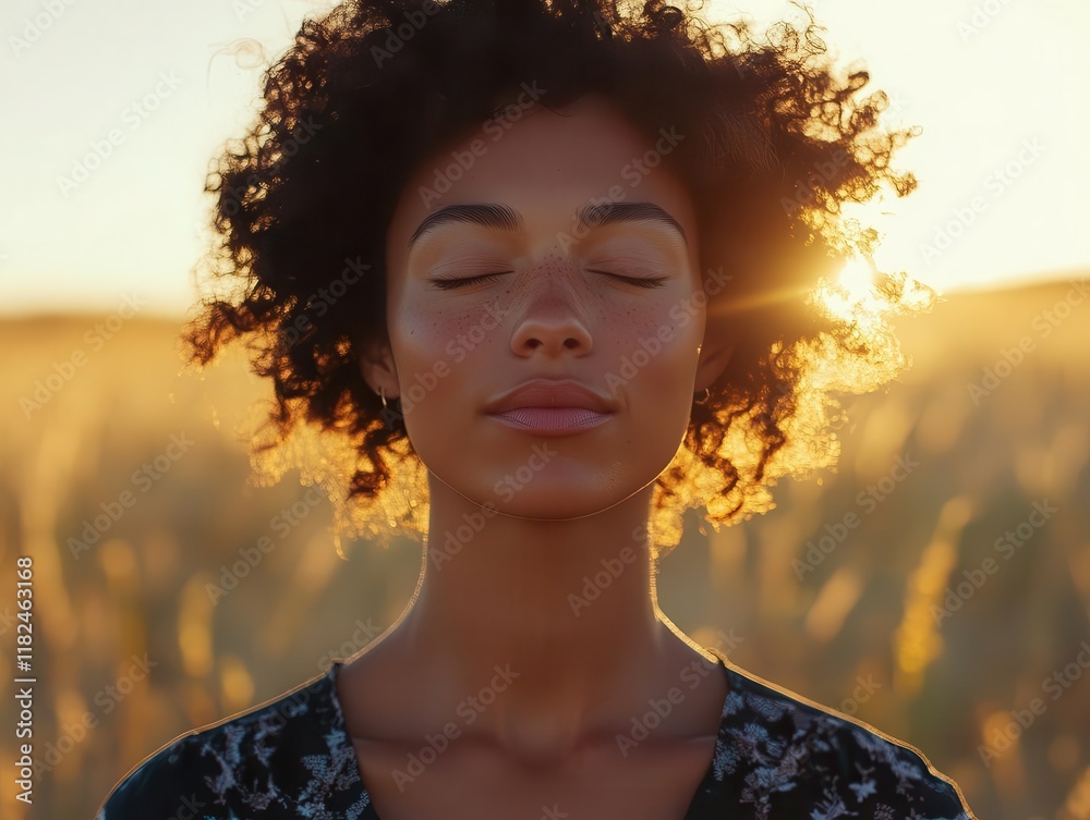 serene portrait of free-spirited woman with closed eyes enjoying golden hour sunlight in beautiful natural field setting serene portrait of free-spirited woman with closed eyes enjoying golden hour sunlight in beautiful natural field setting