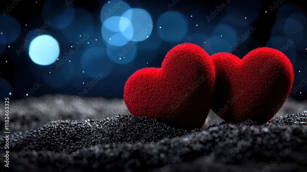 Fototapeta premium two red hearts on black sand with blue lights in the background