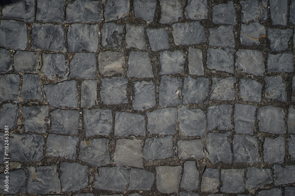 Fototapeta premium A close-up of gray cobblestone pavement showcasing its natural texture and geometric pattern. The rugged surface and muted tones create a timeless and rustic aesthetic ideal for backgrounds.