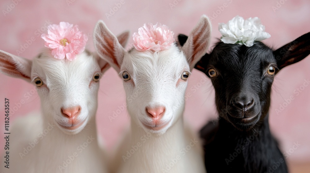 Fototapeta premium Three goats with flowers on their heads looking at the camera