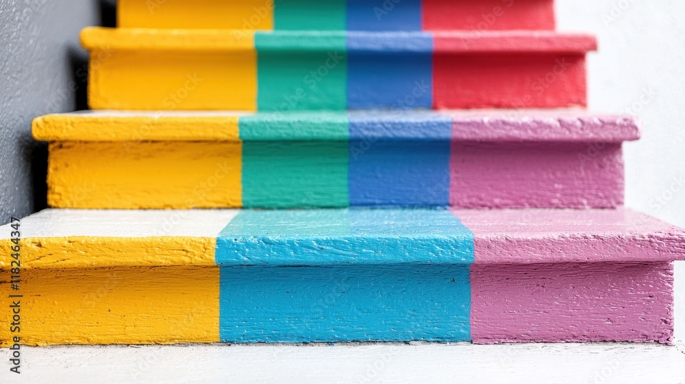 A set of colorful painted stairs in a white room A set of colorful painted stairs in a white room