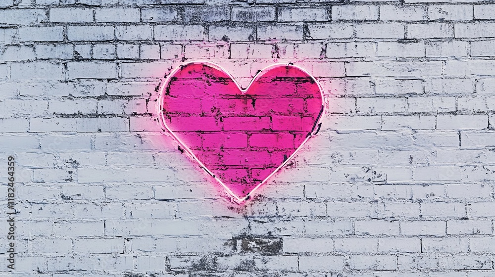 Radiant Pink Neon Heart on a White Brick Wall: A Symbol of Love and Passion Radiant Pink Neon Heart on a White Brick Wall: A Symbol of Love and Passion