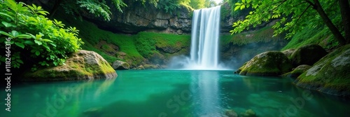A tranquil pool reflects the emerald green hues of a lush waterfall, calmness, leaves, emerald