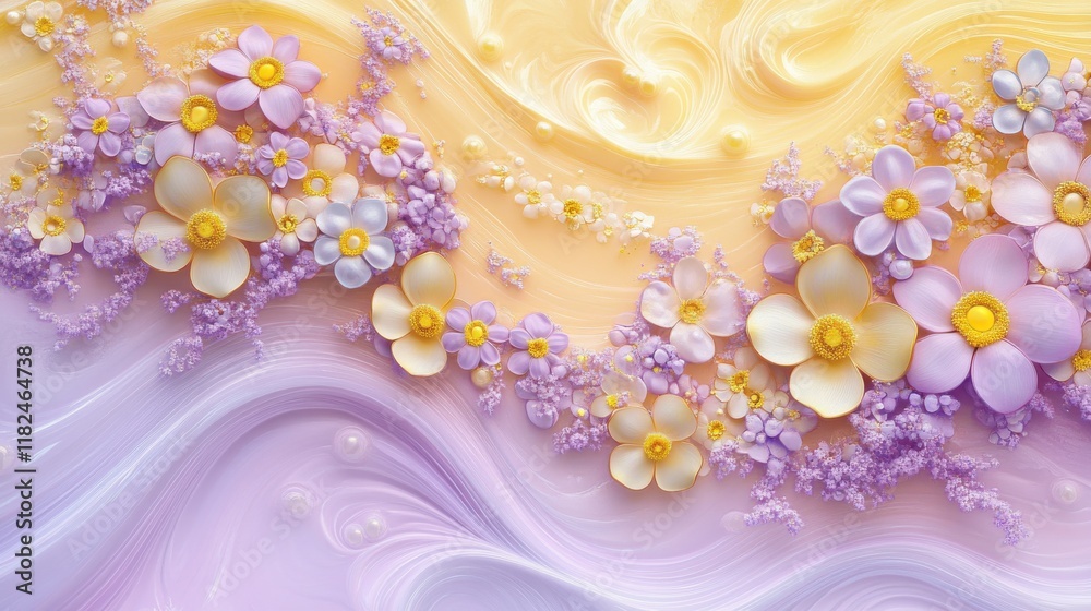 Fototapeta premium Cheerful pastel floral wave design digital art uplifting environment high detail light yellow and lavender gradients