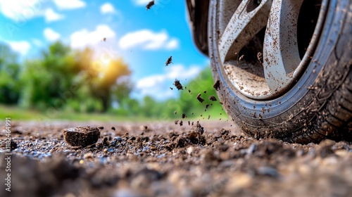A close up of a car tire with ants crawling around it
