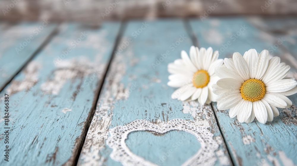 Obraz premium Two white daisies sitting on top of a wooden table