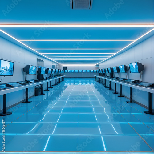 Surveillance Cameras Monitoring Busy Public Space with Soft Blue Lighting and Reflections on Smooth Floor Surface in Modern Interior Design photo