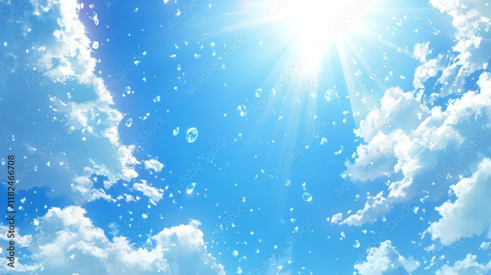 Sunny day, blue sky, fluffy clouds, floating bubbles. Sunny day, blue sky, fluffy clouds, floating bubbles.