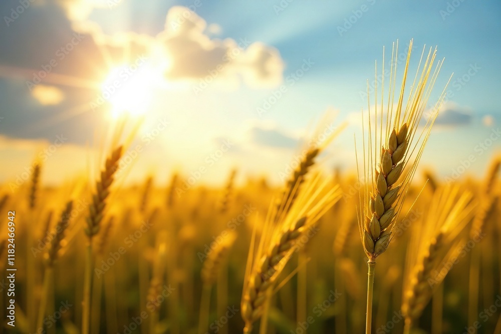Wheat stalks stretching towards the sun's warm rays, summer, crops, agricultural Wheat stalks stretching towards the sun's warm rays, summer, crops, agricultural