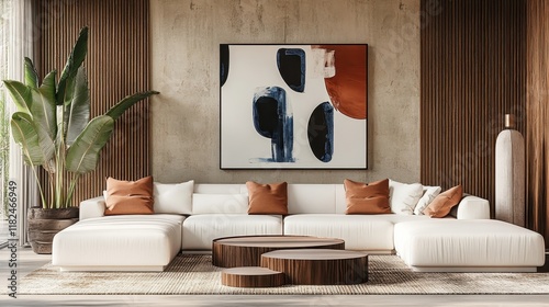 modern minimalist living room, large white sectional sofa, abstract circular artwork, potted fiddle leaf fig plant, floor-to-ceiling windows, warm neutral color palette, terracotta accent pillows, cur