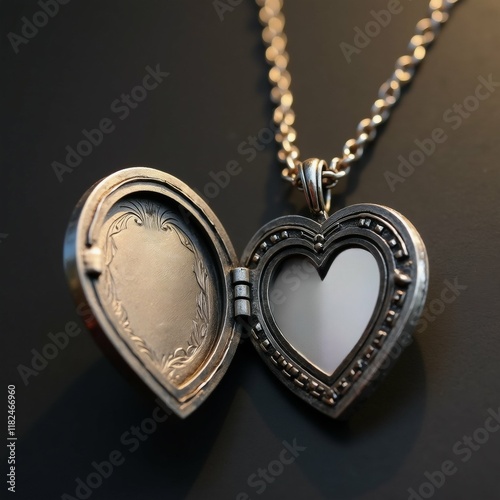 The image is a close-up of a heart-shaped pendant necklace. The pendant is made of silver and has an intricate design on the left side. The heart is open, revealing a white interior.