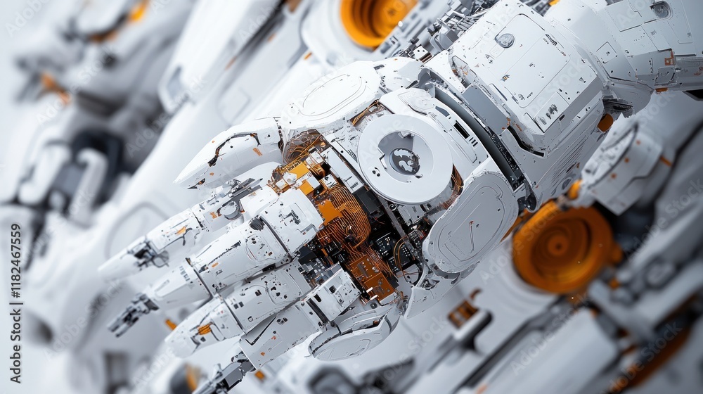 Close-up of a complex robotic hand, intricate details, white and orange color scheme. Close-up of a complex robotic hand, intricate details, white and orange color scheme.