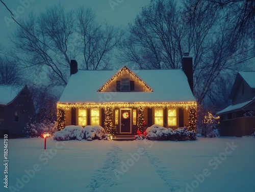 traditional american suburban house with classic christmas lights display and fresh snow creating magical holiday atmosphere at dusk