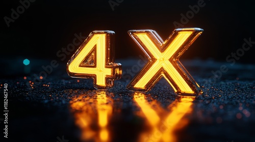 Illuminated orange 4x letters on dark reflective surface photo