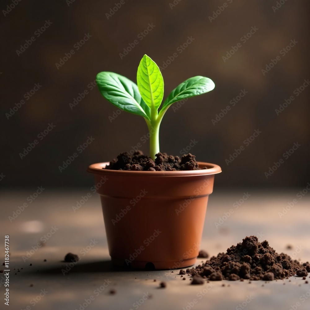 single cabbage seedling on a small pot with soil and fertilizer, pot, fertilizer, sprouting single cabbage seedling on a small pot with soil and fertilizer, pot, fertilizer, sprouting