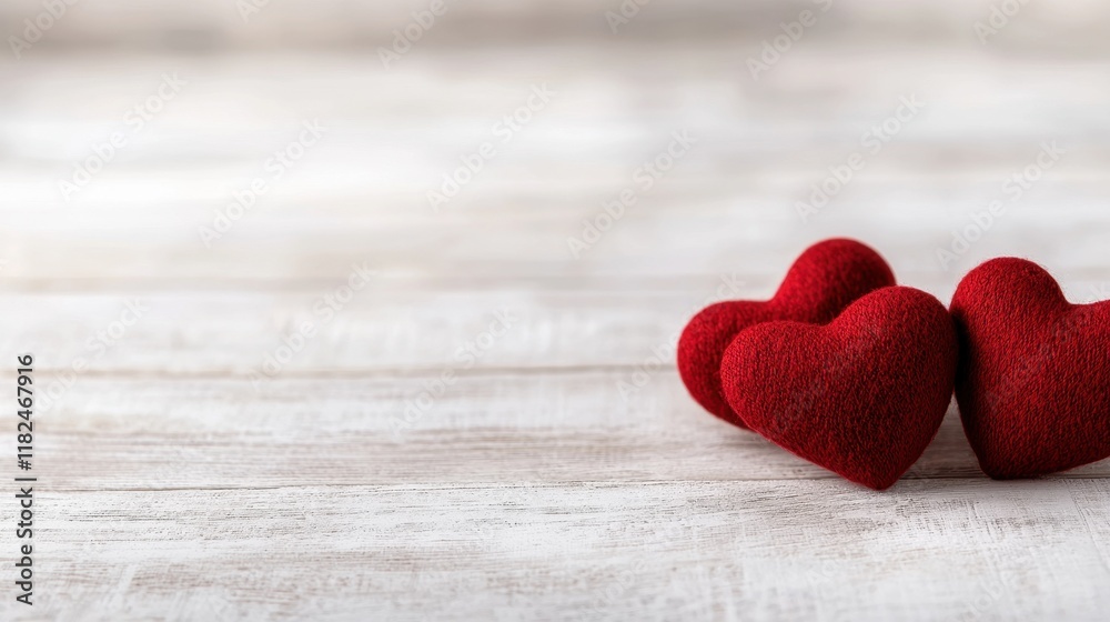 Fototapeta premium Two red hearts on a white wooden surface