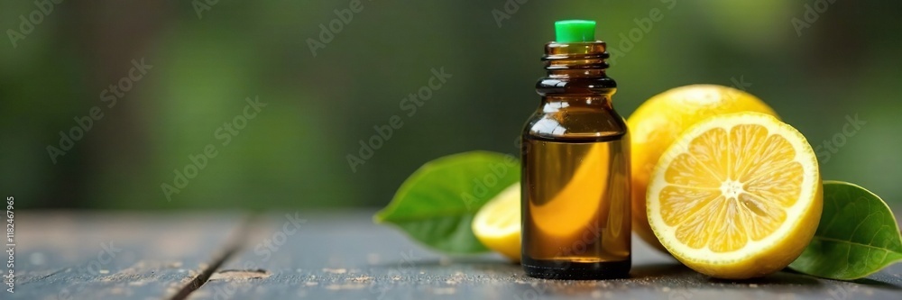 Dark glass bottle of lemon oil with a green cap, scent, bottle, lemon oil Dark glass bottle of lemon oil with a green cap, scent, bottle, lemon oil
