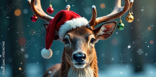 Colorful ornaments adorning the antlers of a red cap reindeer, holiday, shiny photo