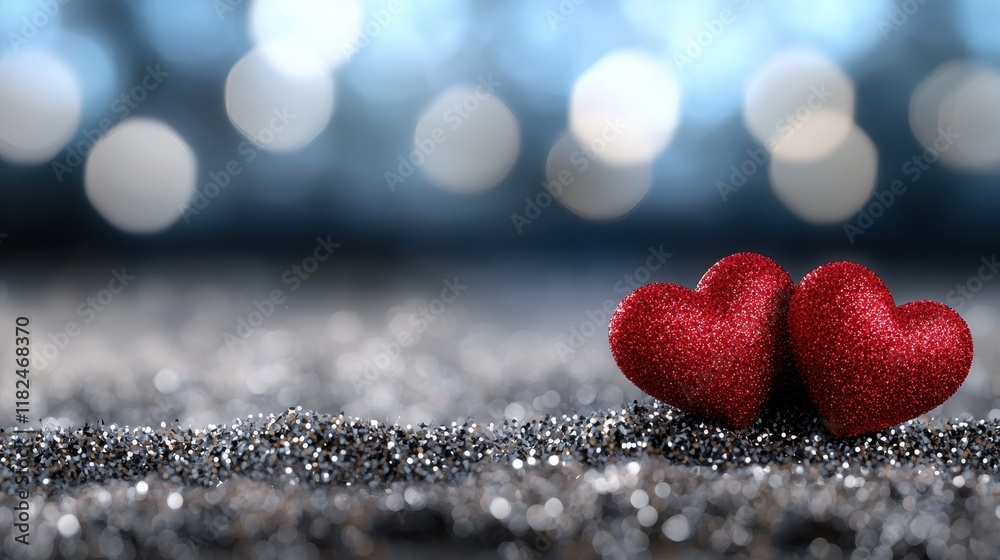 Fototapeta premium Two red hearts sitting on top of a glittery surface