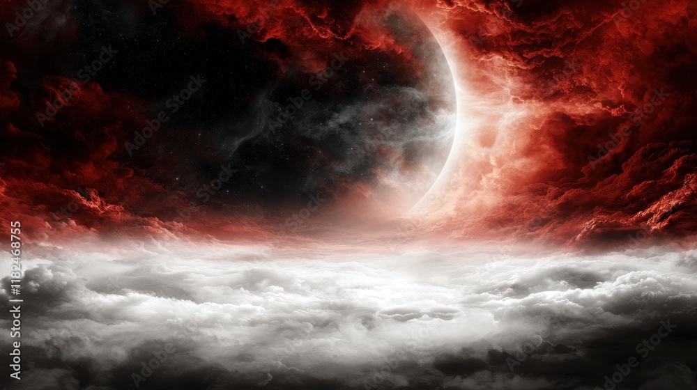 Fototapeta premium A red and black sky with clouds and a crescent in the middle