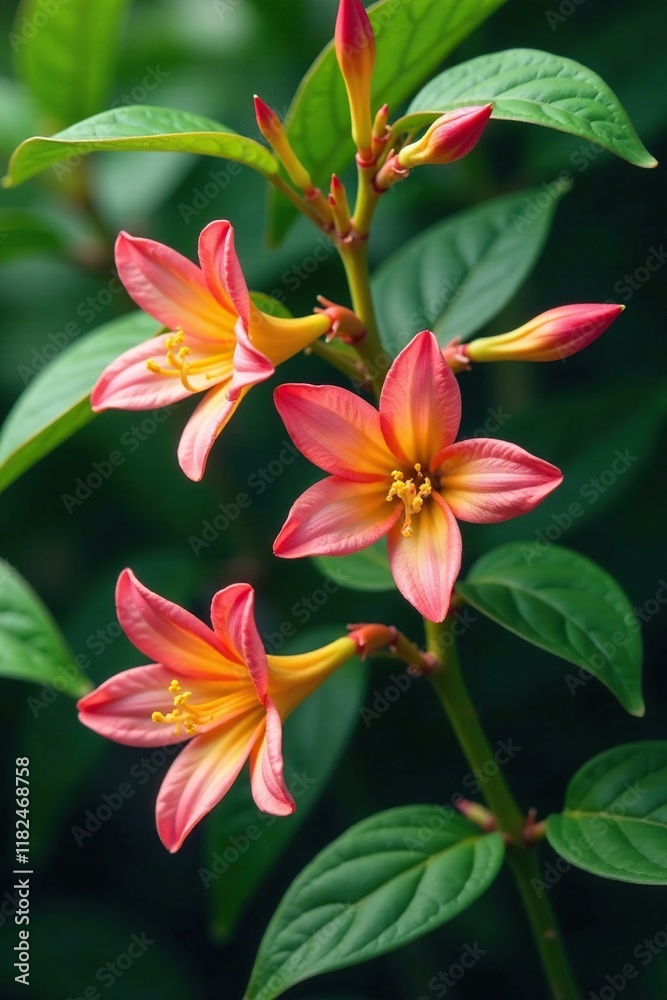 Fototapeta premium Honeysuckle flowers entwined in jungle foliage, Green, Entwined, Bloom