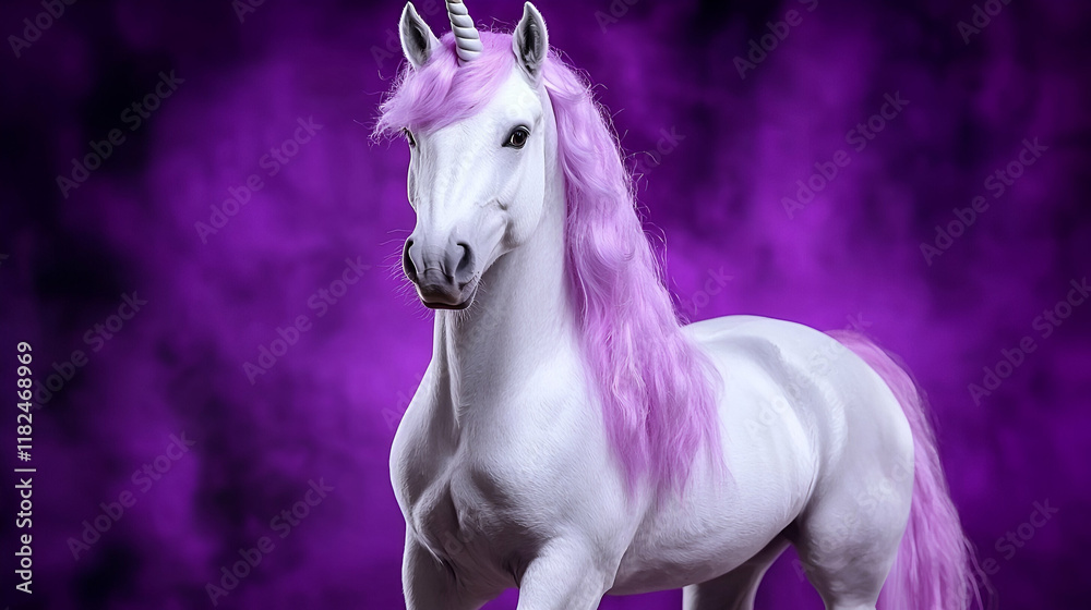 Naklejka premium A majestic white unicorn with a flowing purple mane stands against a vibrant purple background, exuding magic and wonder.