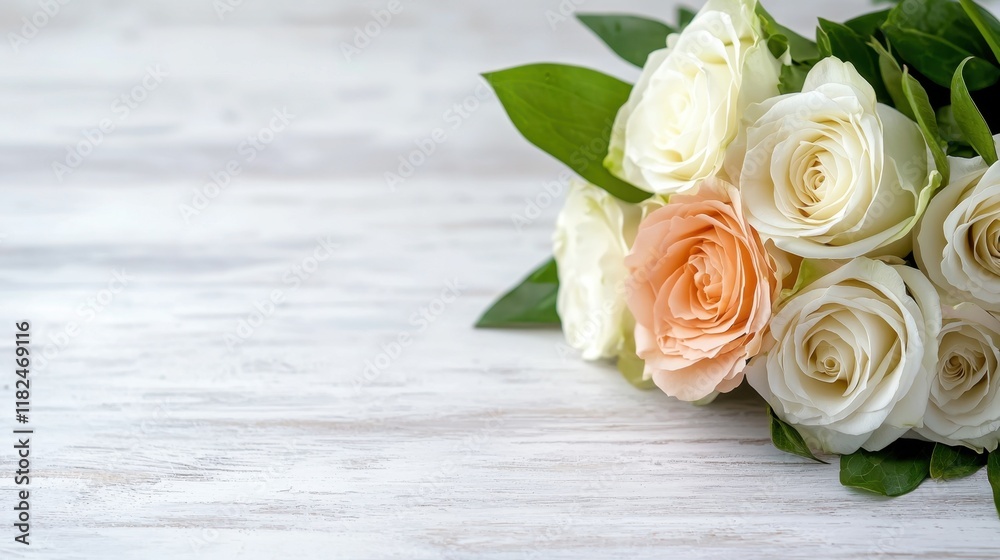 A bouquet of white and peach roses on a white wooden table A bouquet of white and peach roses on a white wooden table