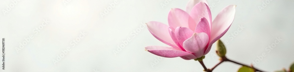 magnolia bloom in full color against a soft white background with a sprout of leaves, gardenfeature, delicate magnolia bloom in full color against a soft white background with a sprout of leaves, gardenfeature, delicate