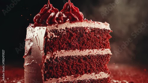 A slice of red velvet cake with frosting, showcasing a delicious dessert for celebrations.