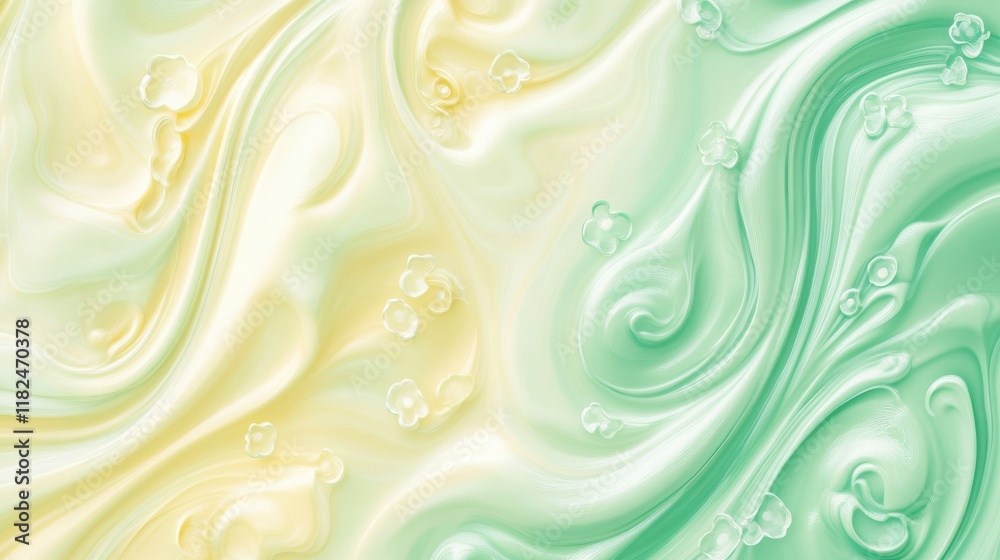 Dynamic pastel swirls with floral accents in light yellow and mint green abstract art high detail digital design Dynamic pastel swirls with floral accents in light yellow and mint green abstract art high detail digital design