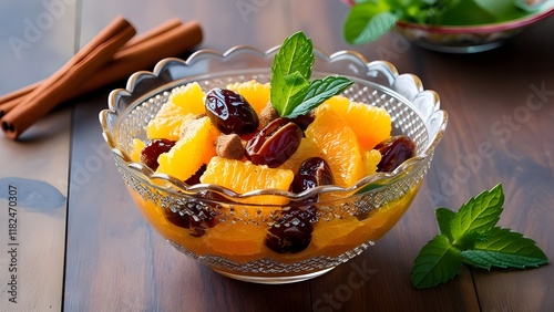 Moroccan Orange and Date Salad with Cinnamon and Mint in Glass Bowl