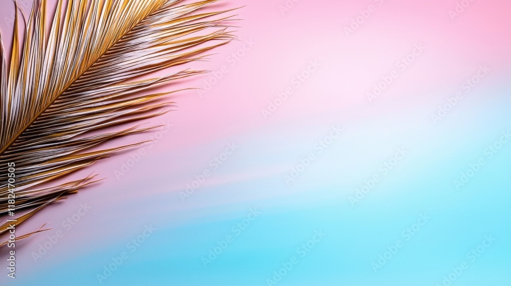 Fototapeta premium A palm leaf on a pink and blue background