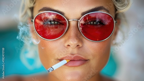 A woman wearing sunglasses smoking a cigarette