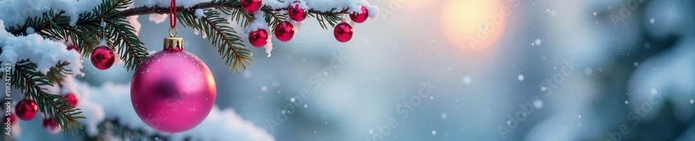 Pink ornament hanging from snow-covered branch, festive flowers, christmas tree branches Pink ornament hanging from snow-covered branch, festive flowers, christmas tree branches