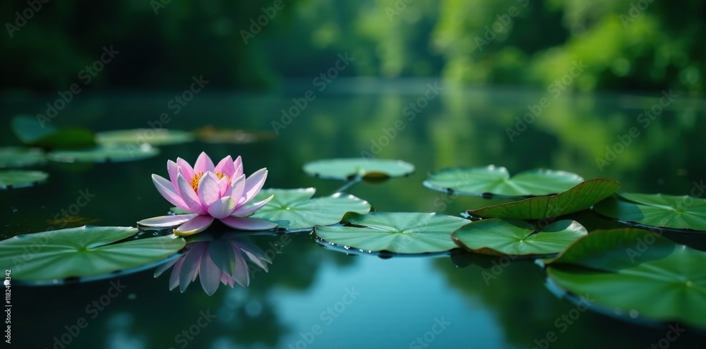 water lily pond in a tranquil blue green environment, reflection, serenity, nature