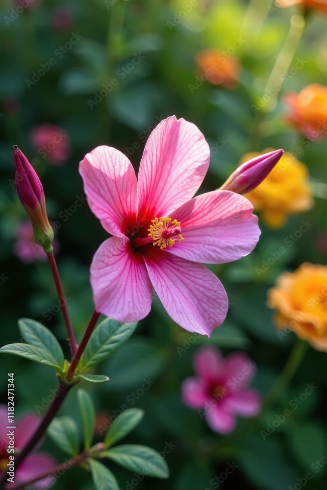 Pink flower branch in a garden with other flowers, nature, stems, colorful Pink flower branch in a garden with other flowers, nature, stems, colorful