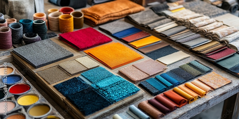 Naklejka premium Fabric swatches, textile samples, workshop