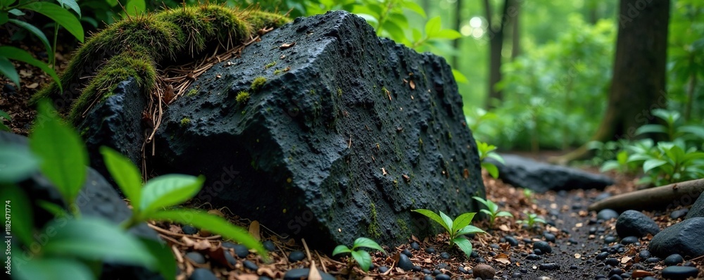 Rough textured volcanic rock amidst forest foliage, , foliage, geology Rough textured volcanic rock amidst forest foliage, , foliage, geology